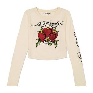 Ed Hardy Cream Long Sleeve Top with Heart Design